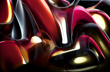 3d render of abstract art 3d background with part of surreal sculpture in spherical shape in curve wavy lines forms in transparent glass and plastic material in red and brown glowing gradient color 