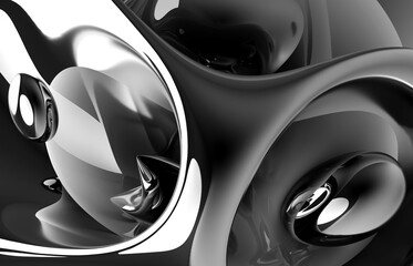 3d render of abstract art 3d background with part of surreal organic alien ball or substance in curve wavy smooth and soft bio forms in matte dark plastic material with glossy silver metal parts 