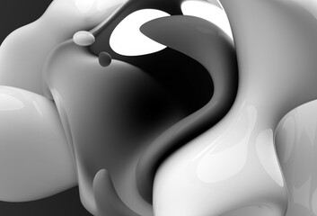 3d render of abstract art 3d background with part of surreal organic alien ball or substance in curve wavy smooth and soft bio forms in glossy white ceramic material with glossy silver metal parts 