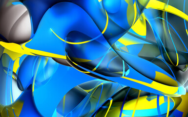 3d render of abstract art 3d background with surreal transparent curve wavy organic lines forms with colorful rounded parts in blue yellow color in transparent plastic material