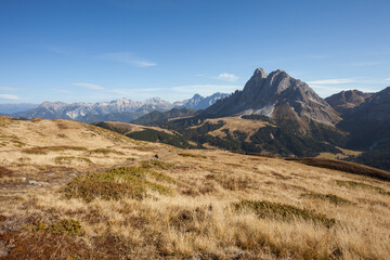 Sass de Putia mount over a pasture in Dolomites at evening