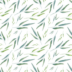 Fototapeta na wymiar Field grass seamless pattern. Hand drawn watercolor greenery illustration for fabric, wrapping paper on white background