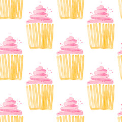 Watercolor seamless pattern of cupcake with pink cream. Hand-drawn illustration isolated on the white background
