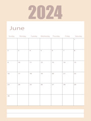 Raster version. June Planner Calendar 2024. Illustration of Calendar in Simple and Clean Table Style for Template Design on White Background. Week Starts on Sunday