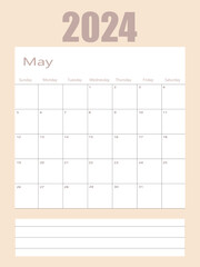 Vector planning calendar May 2024. Isolated on white background