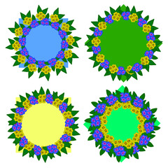 A set of round wreaths of flowers and leaves with colored substrates