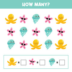 Educational game for kids, children. How many sea life characters. Game-based math learning, counting game. Vector printable illustration, page.
