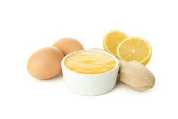 Lemon curd and ingredients isolated on white background