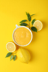 Concept of tasty food with lemon curd, top view