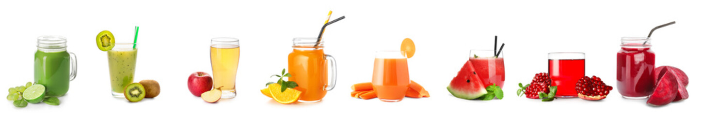 Set of healthy colorful juices on white background - obrazy, fototapety, plakaty