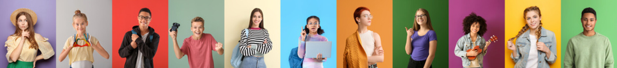 Set of stylish teenagers on color background