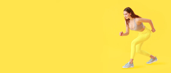 Sporty running woman on yellow background with space for text