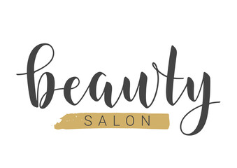 Vector Stock Illustration. Handwritten Lettering of Beauty Salon. Template for Banner, Card, Label, Postcard, Poster, Sticker, Print or Web Product. Objects Isolated on White Background.