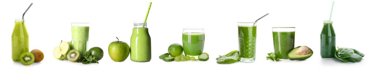 Set of healthy green juices on white background