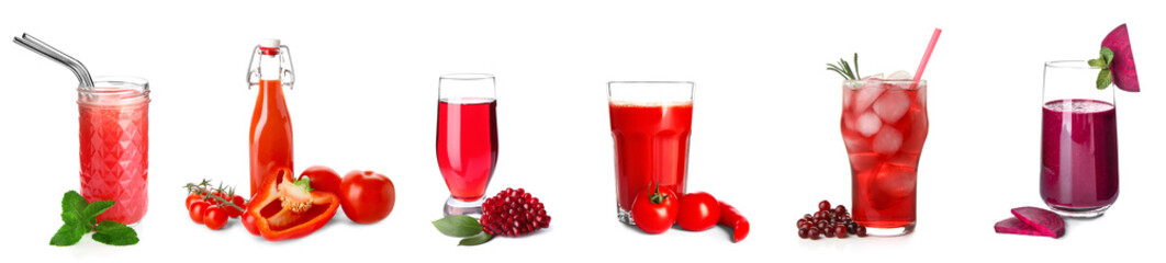 Set of healthy red juices on white background