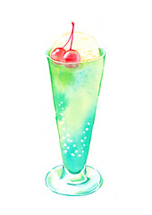 メロンソーダ　水彩イラスト