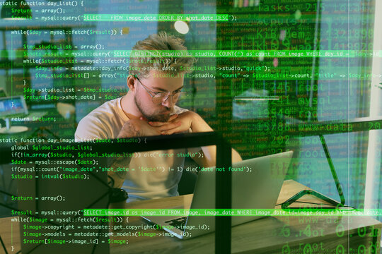 Double exposure of thoughtful male programmer at workplace and computer code