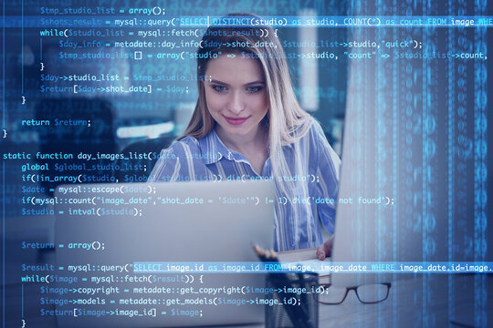 Double exposure of young female programmer at workplace and computer code