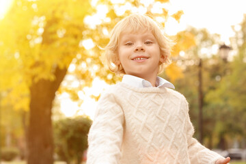 Fototapeta premium Cute funny boy in autumn park