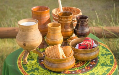 National Yakut dishes and koumiss on table. Ysyakh celebration food.