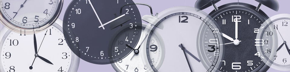 Collage with many different clocks. Banner for design