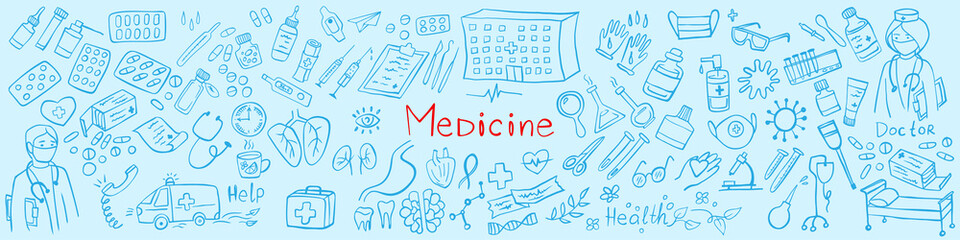 Banner of Medicine icons doodle set on blue. Health care, pharmacy icons. Vector illustration.