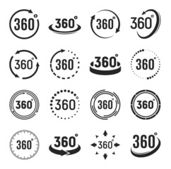 360 degrees camera rotate vector icons or 3d perspective virtual panorama signs. 360 degree angle view circles and arrows of vr or virtual reality tour, simulation game or map