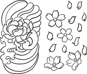 Beautiful line art Koi carp tattoo design ,colorful koi fish and flower. Idea for tattoo and coloring books.Sakura vector.