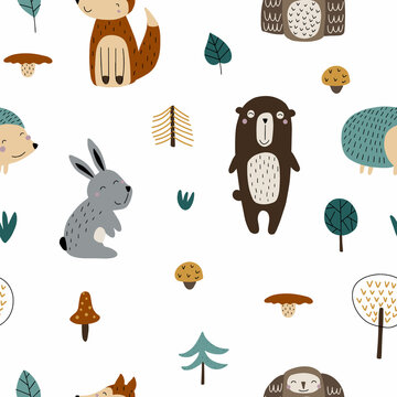 Seamless pattern of cute forest animals: bear, fox, hare, hedgehog, owl with gifts of nature. Vector illustration isolated on white background in warm colors