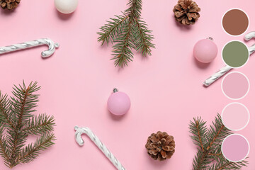 Composition with beautiful Christmas decorations on pink background. Different color patterns