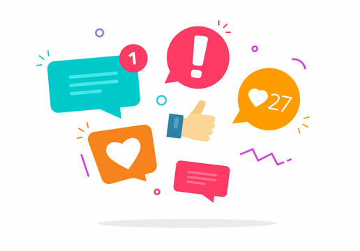 Social media market concept icon vector for digital strategy element design with chat messages, like speech bubbles notices and sms comment graphic flat cartoon illustration on white image
