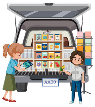 recommend clip art: People looking at books on the van