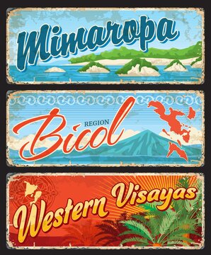 Mimaropa, Bicol and Western Visayas Philippine travel stickers and vector plates. Philippine regions and provinces tin signs or metal plates with island maps, landmarks and national symbols
