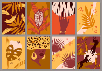 African jungle, animals in contemporary art vector illustration. Abstract silhouettes and female portrait, exotic fruit, leaves and plants for social media, postcards and promotion invitation cards