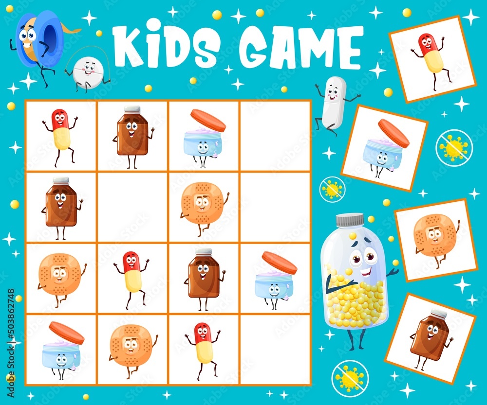 Poster sudoku kids game worksheet with cartoon syrup, adhesive plaster, ointment and pill characters. vecto