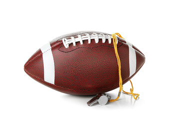 Rugby ball with sport whistle on white background