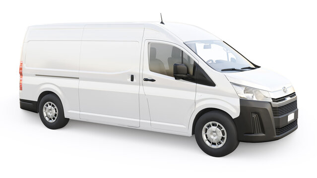 Tokyo, Japan. April 12, 2022: Toyota Hiace. White commercial van for transporting small loads in the city on a white background. 3d illustration