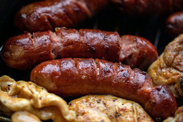 barbecue with delicious grilled meat on grill