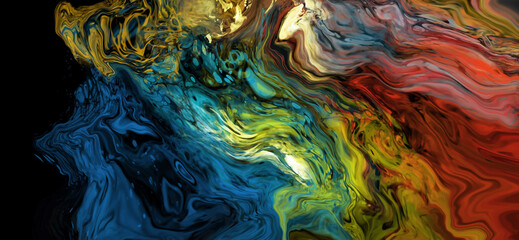 Modern colorful flow background on black. Wave Liquid shape in color banner.