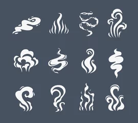 Fototapeten Cartoon smoke effects set. Coffee and tea steam, food flavor, smell and aroma. Vector white vapor of hot drinks and food, fire flame, cigarette or hookah smoke clouds, coffee cup or mug steam © Vector Tradition