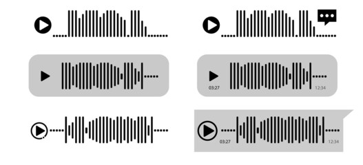 Voice message icon with sound wave and button on white background. Imitation of recorder. For web sites, in-app conversations and banners design. Chatting concept. Vector illustration.