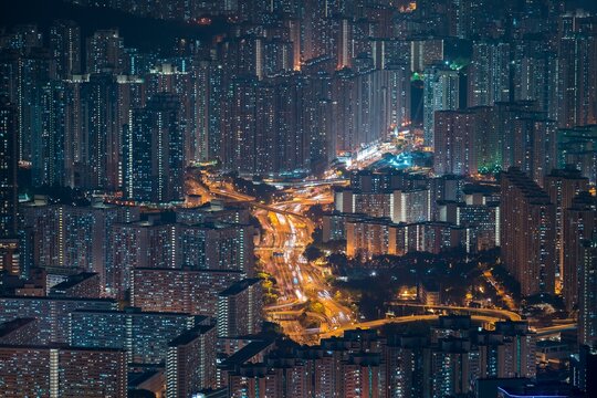 The buildings in Hong Kong at night as seen from Lions Head