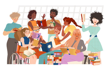 People reading books together. Students studying and preparing for exam vector illustration