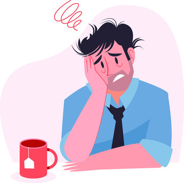 Overwhelmed man concept. Burnout. Stress, overload, fatigue. Heavy office work. Busy workerperson, deadline. Mental problem. Time pressure. Anxiety, depression. Tired workaholic. Vector illustration.