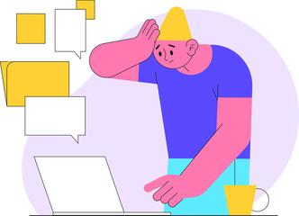 Overwhelmed man concept. Burnout. Stress, overload, fatigue. Heavy office work. Busy workerperson, deadline. Mental problem. Time pressure. Anxiety, depression. Tired workaholic. Vector illustration.