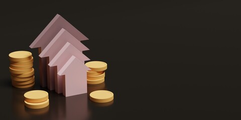 3D render illustration. Four pink houses one by one on a black background. There are gold coins near the houses. Banner size.

