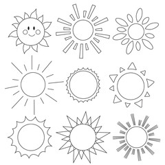 Set of doodle cartoon sun. Vector line art illustration, logo, childrens coloring page