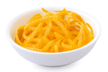 Peeled lemon zest in a white bowl.