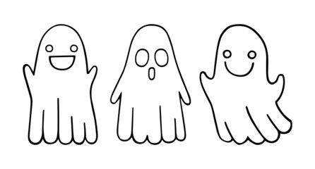 A set of cute ghosts. Three funny ghosts in sheets with a variety of emotions. Halloween characters. Cartoon hand-drawn vector illustrations in doodle style. Isolated. For Halloween cards, stickers.