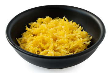 Lemon zest in a black ceramic bowl.